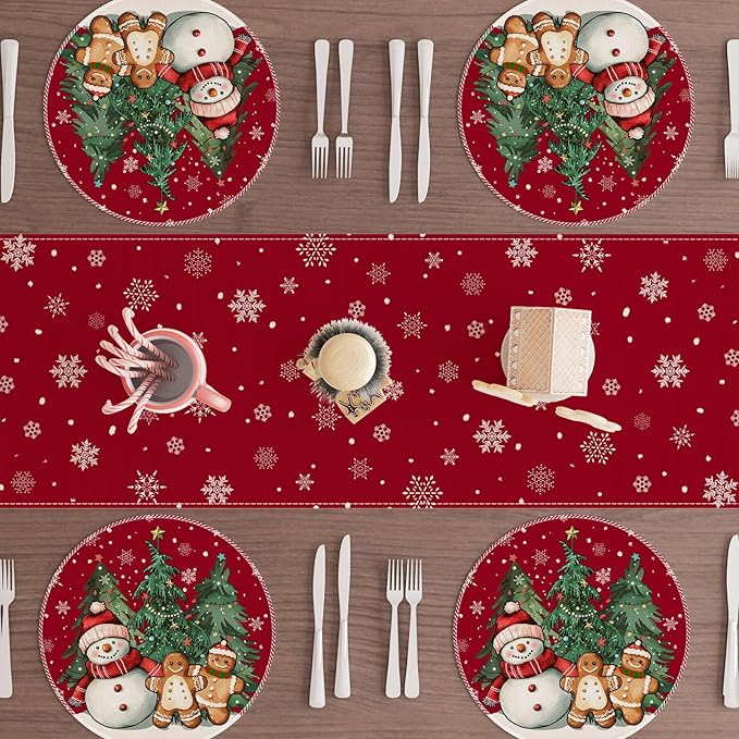 XCHI Winter Red Snowman Gingerbread Man Christmas Tree Xmas Round Placemats Set of 4 Table Mats for Party Home Kitchen Dining Table Decorations 14x14 Inch