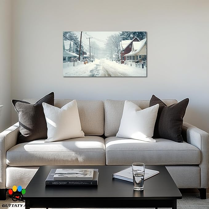 GUTTATY Christmas Winter Scene Canvas Wall Art, Snowy Neighborhood Pictures, Home Canvas Artwork, Subtle Poster Print, Cozy Wall Decor for Living Room, Bedroom, Holiday Hanging Artwork, 16x8 Inch