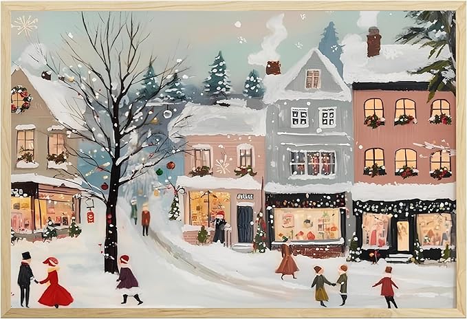 Vintage Christmas Village Art Print for Winter Home Decor, Snowy Holiday Town Scene Wall Art, Noel Design, Retro Seasonal Xmas Decoration, Cozy Winter Cottage Interior Artwork (Unframed) (16x24)