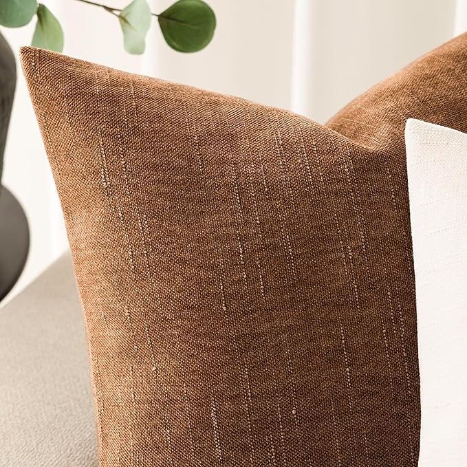 Foindtower Pack of 2 Soft Textured Chenille Throw Decorative Pillow Covers Lumbar Accent Solid Cushion Cover Cozy Farmhouse Pillow Case with Zippe for Couch Sofa Bed Living Room 12x24 Inch, Bronze