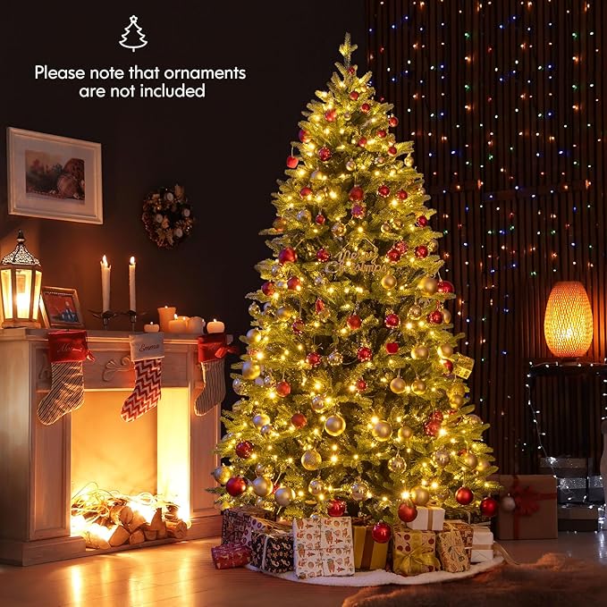 Happygrill 7 FT Pre-Lit Artificial Christmas Tree, Hinged Xmas Tree w/1646 Branch Tips, 470 LED Lights, 11 Lighting Modes, 3 Auto Timers, 4-Level Brightness & Remote Control, Decoration Tree for Party