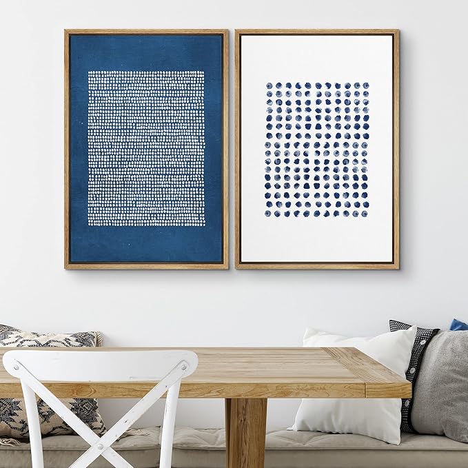SIGNWIN Framed Canvas Print Wall Art Set Navy Blue White Geometric Dot Collage Abstract Shape Illustration Modern Art Decorative Nordic Multicolor for Living Room, Bedroom, Office - 16"x24"x2 Natural
