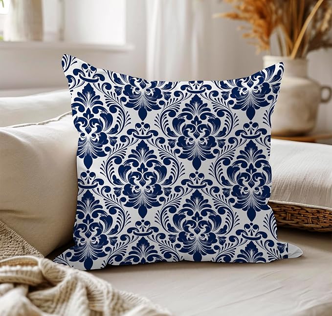 LOVOUS Navy Blue and White Damask Throw Pillow Covers 18x18 Inch Set of 2, Vintage Linen Decorative Pillow Covers for Bed Couch Sofa Bedroom Living Room Home Decor, B20