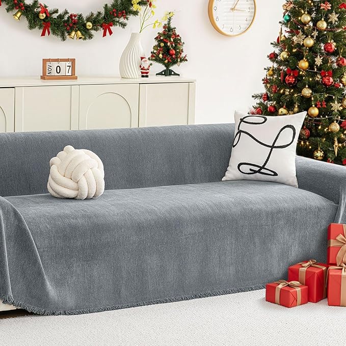 hyha Couch Cover for Dogs, Boho Sofa Covers for 3 Cushion Couch Washable, Chenille Sofa Slipcover for Pets, Soft Loveseat Sectional Couch Throw Blankets with Tassels (Grey, 71x118 Inch)