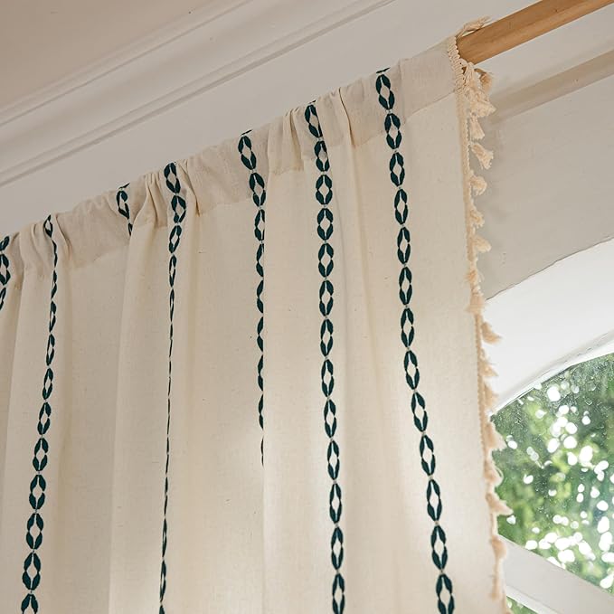 Sutuo Home Boho Curtains 96 Inches Long, Bohemian Drape for Bedroom Living Room, Privacy Country Rustic Semi Blackout Farmhouse for Xmas Decor Rod Pocket, 1 Panel W52 x L96 White and Hunter Green