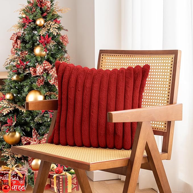 Christmas Red Faux Fur Plush Throw Pillow Covers 18x18 Set of 2 Fuzzy Striped Soft Cozy Pillowcase Luxury Decorative Pillows Square Fluffy Cushion Covers for Couch Bed Living Room
