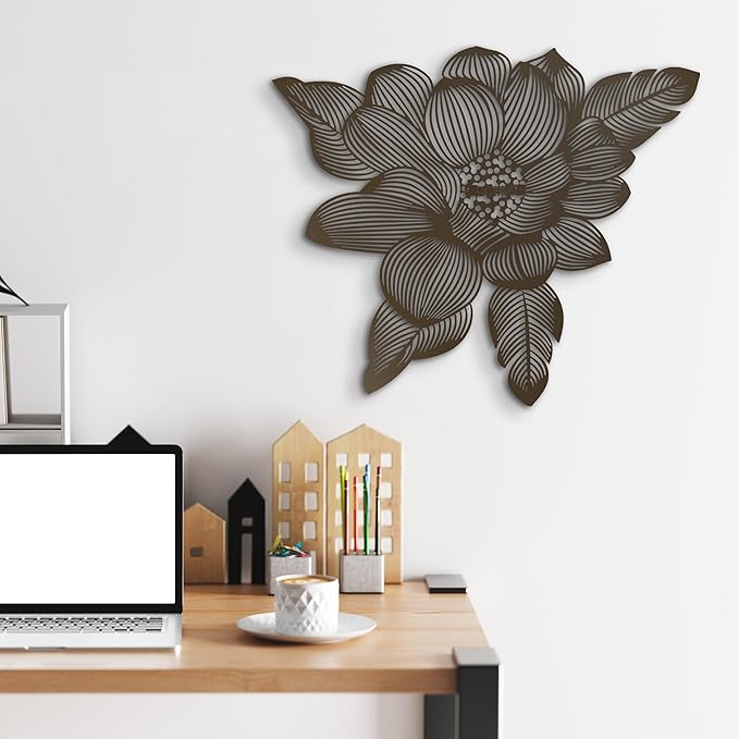 NEODECO 3D Flower Metal Wall Art, Floral Line Art, Minimalist home decor (Bronze, Large)