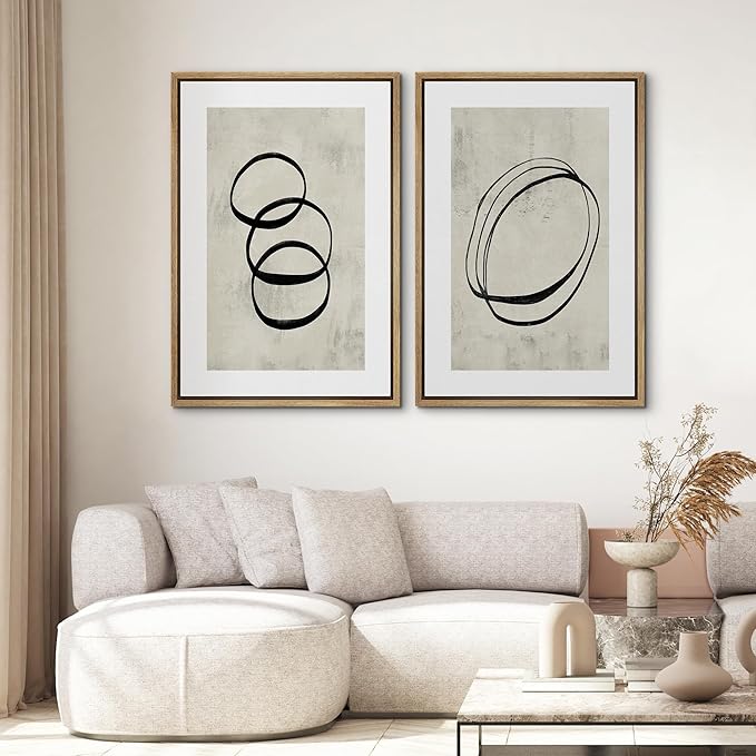 SIGNWIN Framed Canvas Print Wall Art Set Black Tan Ring Spiral Collage Abstract Shapes Cozy Neutral Modern Art Decorative Nordic Multicolor for Living Room, Bedroom, Office - 24"x36"x2 Natural