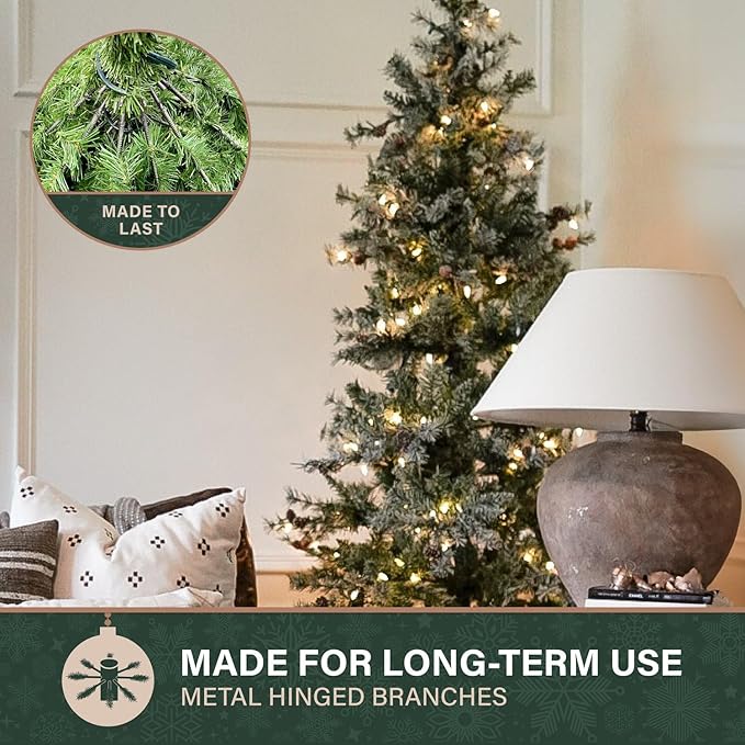 Fraser Hill Farm 7.5-Ft Buffalo Fir Slim Artificial Christmas Tree with Warm White LED Lights, Prelit Foldable Fake Tree with Realistic Snowy Foliage and Pinecones for Home Decoration
