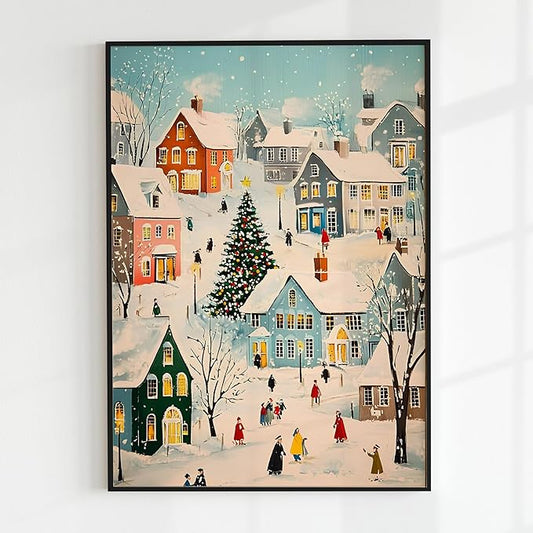 OZCONO Retro Winter Village Art, Pastel Snowy Town Christmas Decor, Cute Noel House Decor Idea, Holiday Home Accent, Cozy Seasonal Wall Artwork, Xmas Print (Unframed) (27x40)