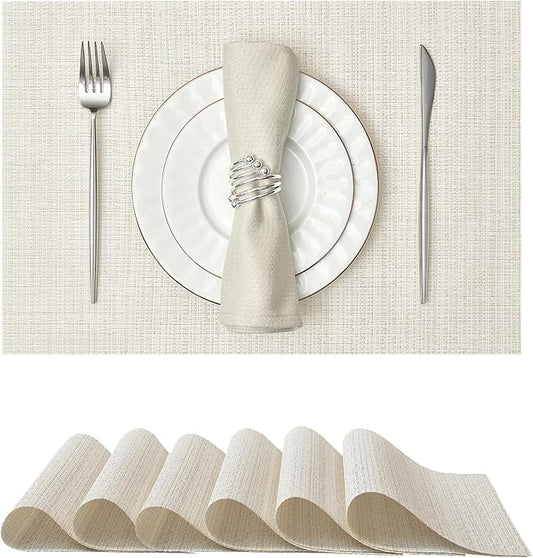 Leetaltree Luxury White and Silver Woven Placemats Set of 6 - Waterproof Washable Textured Table Mats for Wedding, Anniversary, Daily Use - Sparkling Metallic Thread Table Decor - Hand-Cut