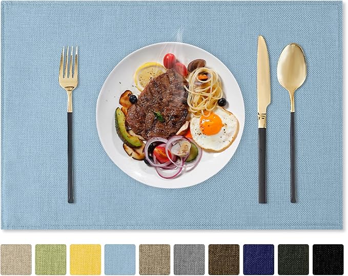 Romanstile Cloth Placemats Set of 8-12 x 18 Inch, Heat Resistant Double Layered Thickened Burlap Place Mats, Washable Faux Linen Farmhouse Table Mats for Kitchen/Dining/Party/Outdoor, Blue