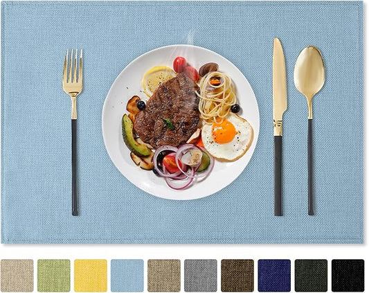 Romanstile Cloth Placemats Set of 8-12 x 18 Inch, Heat Resistant Double Layered Thickened Burlap Place Mats, Washable Faux Linen Farmhouse Table Mats for Kitchen/Dining/Party/Outdoor, Blue