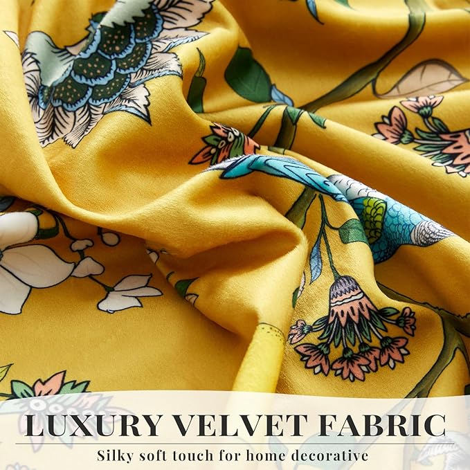 MUSSEL Velvet Whimsical Floral Curtains 63 inches Long,Mustard Yellow Luxury Botanical Room Darkening Curtain Drapes,2 Panels Mid Century Hummingbird Art Deco Window Curtains for Living Room Bedroom
