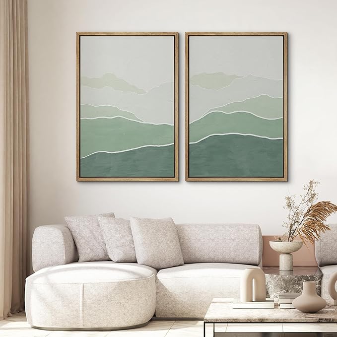 SIGNWIN Framed Wall Art Print Set Green Gradient Wave Landscapes Abstract Shapes Illustrations Modern Art Bohemian Relax/Calm Multicolor for Living Room, Bedroom, Office - 24"x36"x2 Natural