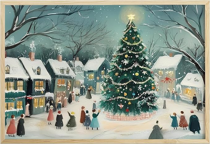 OZCONO Christmas Tree Village Art for Holiday Home Decor, Snowy Winter Town Scene Wall Art, Festive Christmas Gathering Artwork, Cozy Seasonal Winter Interior Decoration (Unframed) (9x11)