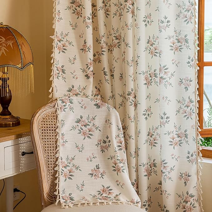 OYX Pink Boho Floral Window Curtains 63 Inch Long 2 Panels, French Vintage Farmhouse Vintage Country Rustic Tassels Printed Drapes for Living Room Bedroom, Rod Pocket Light Filtering Decor Aesthetic