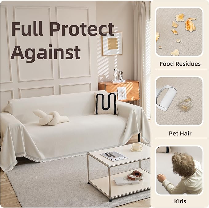 Couch Cover for 2-3 Cushion Couch, Non Slip Slipcover Chenille Couch Covers for Sectional Sofa, Sofa Covers Washable, Soft Sofa Furniture Protector for Pets and Kids, 71''x118'', Cream