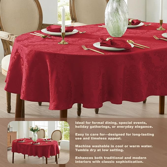 Newbridge Barcelona Damask Fabric Tablecloth, 60 x 84 Inch Oval, Red – No Iron, Soil Resistant Table Cover for Dining, Parties and Holidays