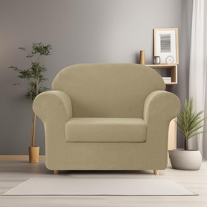 SUBRTEX Sofa Slipcover Stretch Chair Covers 2 Piece 1 Seater Armchair Couch Sofa Cover Washable Furniture Protector with Elastic Bottom for Kids, Pets(New Kahki, Armchair)