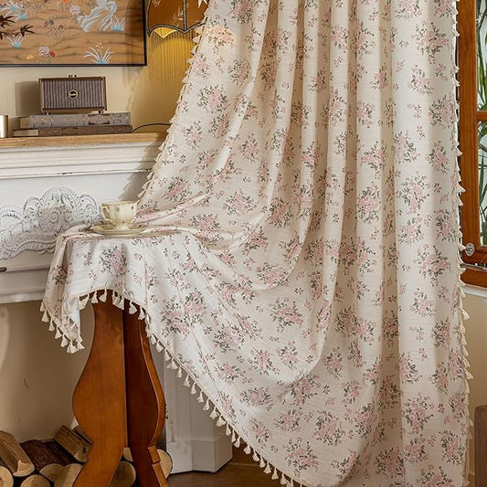 OYX Pink Boho Floral Curtains 96 Inch Long 2panels, French Vintage Farmhouse Patterned Decor Window Drapes with Tassels, Girls Semi-Sheer Light Filtering for Bedroom Living Room (Rod Pocket, 52Wx96L)