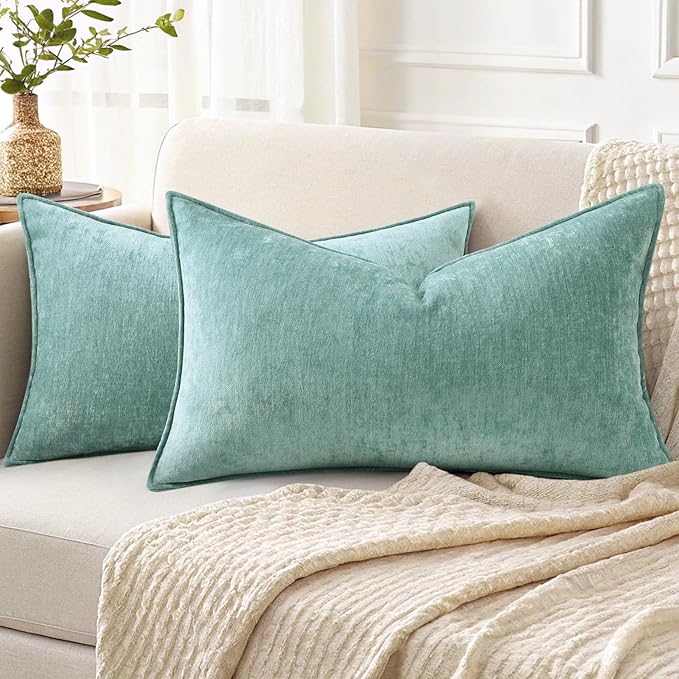 decorUhome Christmas Couch Throw Pillow Covers 12x20 Set of 2, Decorative Soft Euro Velvet Neutral Chenille Lumbar Pillow Covers with Elegant Design for Sofa Bed Living Room Home Decor, Aqua Haze