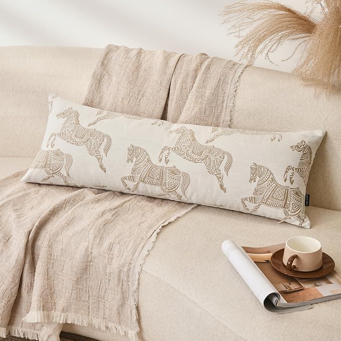 Decorative Lumbar Pillow Cover 14x36, Long Lumbar Pillow Cover Luxury Horse Chenille Jacquard Embroidery Cushion Covers for Bed Couch Sofa Living Room Bedroom