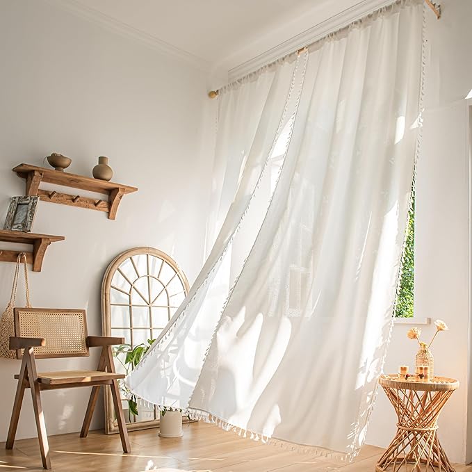 Sutuo Home White Boho Curtains 108 Inches Long, Bohemian Linen Style Textured Curtains with Tassels for Living Room, Semi Blackout Farmhouse Drapes, Rod Pocket Window Treatments 2 Panels, 52" x 108"
