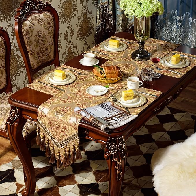 Extra Luxury Velvet Blue Table Runner 120 Inches Long with Vintage Damask Jacquard Design for Dining Room,Living Room,Home Decor,Elegant Beaded Tapestry (Dark Gold, 13×60 inch)