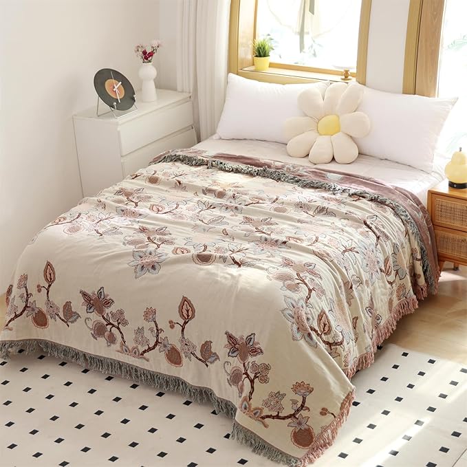 Boho Throw Blanket, 100% Cotton Ultra Soft Luxury Throw Rustic Quilt, Muslin Breathable Soft Bed Throw ，All Throw for Sofa Couch Chair 80×90 Inch