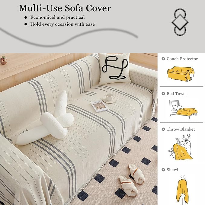 DREAMINGO Couch Cover Reversible Chenille Furniture Protector Sofa Covers for Dogs Pets Beige Grey Couch Cover for 3 Cushion Couch Sofa Vertical Stripe Jacquard Sofa Slipcover Sectional, 71"x150"