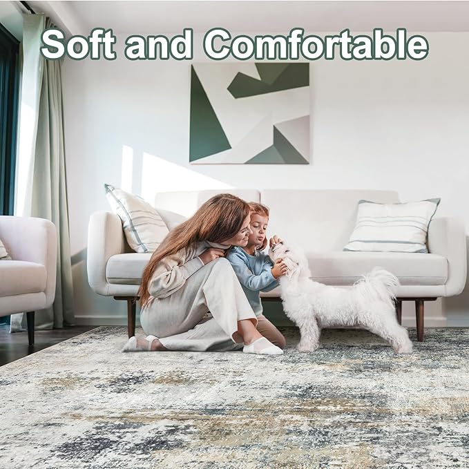 Washable Area Rugs for Living Room 9x12 - Large Neutral Modern Abstract Rug, Soft Low Pile Carpet with Non Slip Backing for Under Dining Room Table, Bedroom, Home, Office, Dorm - Green Yellow