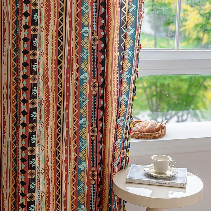 Boho Curtains Geometric Light Filtering Semi-Blackout Window Curtains 84 Inches Long Rod Pocket Drapes for Living Room 2 Panels-Vintage Red