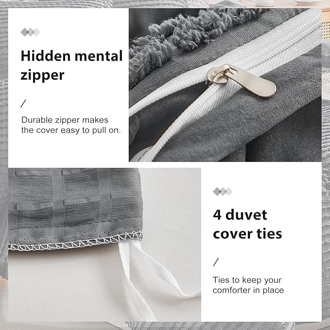WARMDERN Boho Duvet Cover Set Queen Size,Dark Grey Striped Duvet Cover Microfiber Bedding Set,3PCS Ultra Soft Breathable Lightweight Tuft Texture Duvet Covers with Zipper Closure(Dark Grey,Queen)