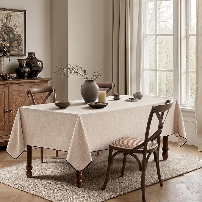 MIULEE Ivory-Black Linen Polyester Tablecloth 60x84 Inch Rectangle Table Cloth Waterproof,Stain Resistant & Wrinkle Resistant for Dining Party Wedding