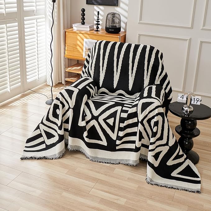 VClife Armchair Couch Cover, 1 Piece Boho Tribal Black and White Geometric Jacquard Pattern Sofa Cover for 1 Cushion Couch Sofa, Soft Washable Chenille Chair Cover Slipcover for Living Room 71"X90"