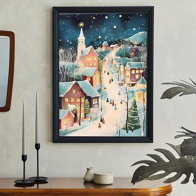 OZCONO Christmas Evening Village Wall Art for Winter Holiday Home Decor, Xmas Print, Cozy Snowy Town Scene Artwork for Seasonal, Warm Lights Winter Street Decoration (Unframed) (20x30)