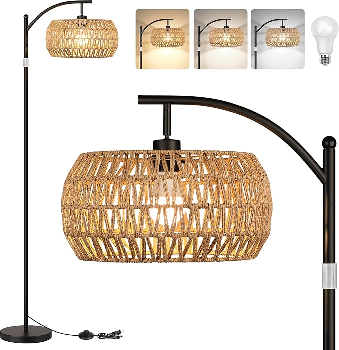 ROTTOGOON Rattan Floor Lamps for Living Room, Boho Standing Lamps with Rattan Shades, Arc Lamps Floor Standing with 9W Bulb, Foot Switch, Bohemian Floor Lamps for Bedroom, Office- Black