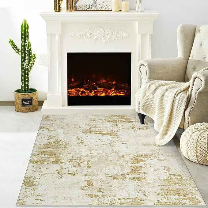 Modern Abstract 2x3 Area Rug Non Slip Non Shedding Low Pile Stain Resistant Rug for Entryway Kitchen Bedroom,Golden Grey