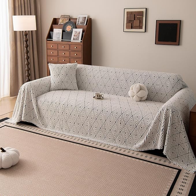 ROOMLIFE Striped Boho Blue Couch Cover for 2-3 Cushion Sofa, Fuzzy Plush Warm Sofa Slipcovers Sectional Sofas Covers, Non Slip Washable Furniture Protector Soft with Tassel,Winter 71''X118”