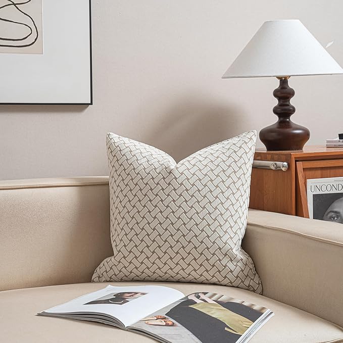2025 New 18x18'' inches Throw Pillow Cushion Covers - Woven Grid Beige Color Chenille Jacquard Embroidery Luxury Modern Style Couch Sofa Bed Pillow Cover for Living Room Bedroom