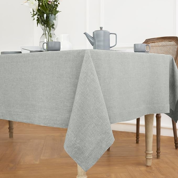 Solino Home Linen Tablecloth 60 x 108 Inch - 100% Pure Linen Chambray Grey Table Cloth for Rectangle Tables - Athena, Machine Washable Fabric Tablecloth for Fall, Autumn, Thanksgiving