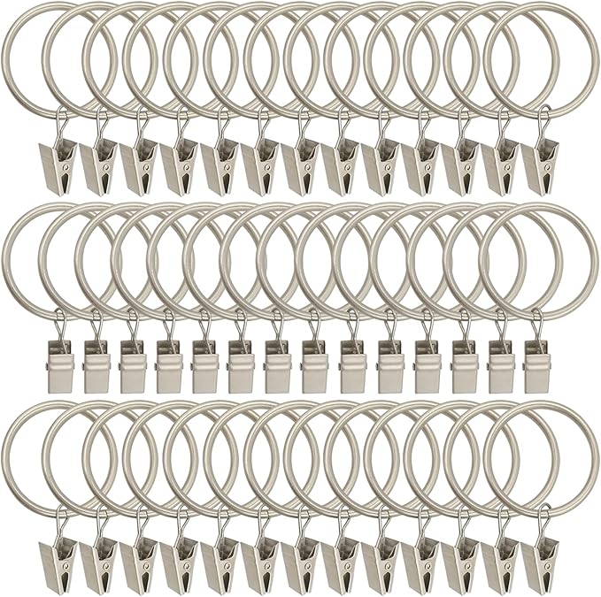 40 Pack Metal Curtain Rings with Clips, Curtain Clip Rings Hooks for Hanging Drapery Drapes Bows, Curtain Rod Rings 1.5 inch Interior Diameter, Matte Silver