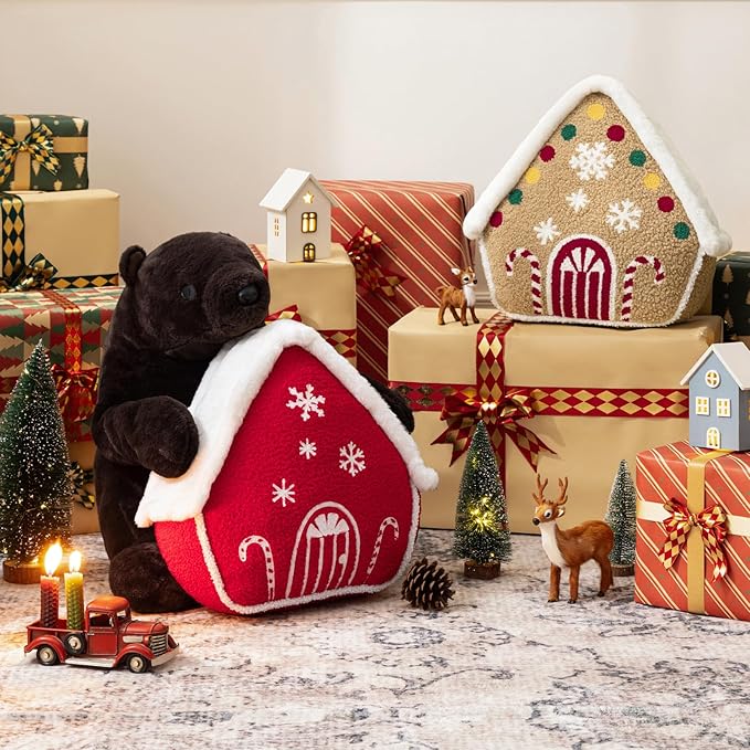 Phantoscope Gingerbread Series House Merry Christmas Throw Pillow, Plush Faux Rabbit Fur Embroidered Teddy Sherpa Gingerbread House Xmas Decorative Shaped Pillow, Beige, 12x13 in
