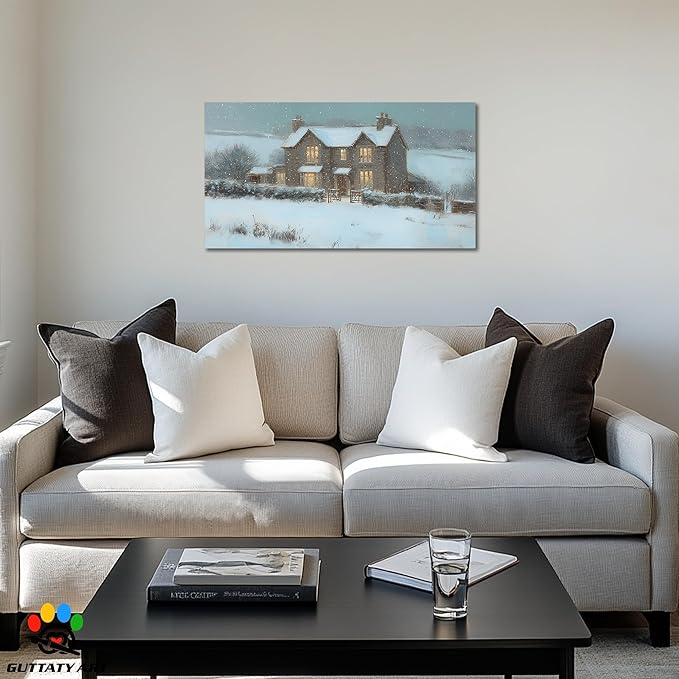 GUTTATY Christmas Winter Canvas Wall Art, Cozy House Snow Scene Canvas Painting, Christmas Winter Landscape Poster for Living Room, Office Decor, Gift for Family, 16x8 Inch