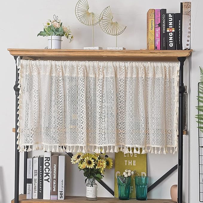 Sutuo Home Beige Boho Lace Short Curtain 36 inch Length for Kitchen Window Curtains Over Sink,Farmhouse Crochet Bohemian Valance Semi Sheer Vintage Chic Handmade Tassels, Rod Pocket,1 Panel 59" W