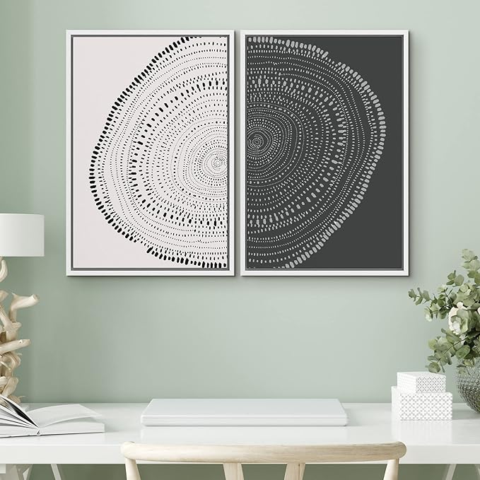 SIGNWIN Framed Canvas Print Wall Art Set Spiral Dot Pattern Wood Tree Rings Abstract Shapes Illustrations Modern Art Decorative Nordic Multicolor for Living Room, Bedroom, Office - 16"x24"x2 White