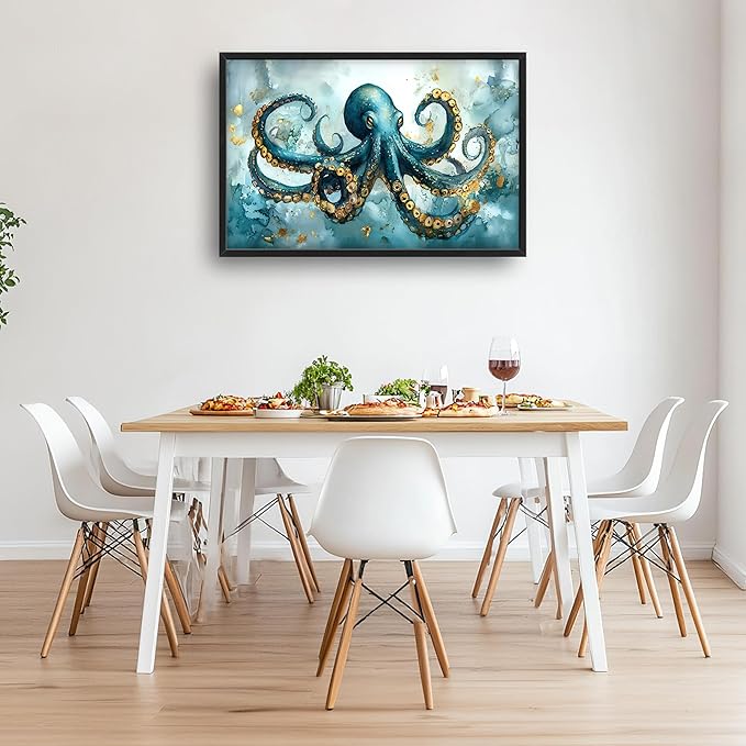 Octopus Large Decor Framed Wall Art Blue and Gold Pictures for Living Room, Ocean Nautical Oversized Canvas Print Painting Modern Extra Large Framed Artwork for Bedroom Office Home Decor 36"x24"