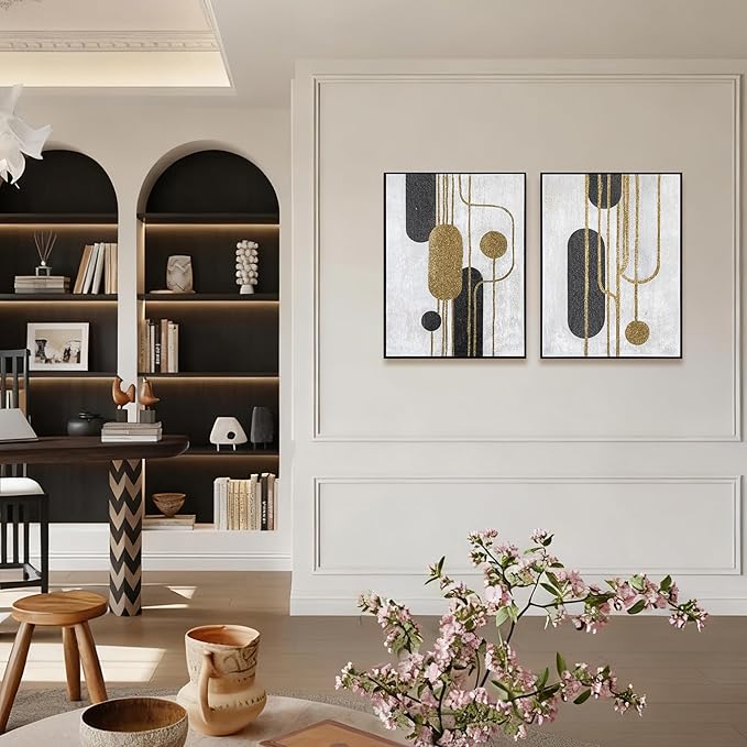Artiluxy Minimalist Abstract Wall Art Set of 2 – Black and Gold Line Art on White Background, Textured Canvas Geometric Paintings, Modern Aesthetic Decor for Living Room, Bedroom, or Office – 18x24in