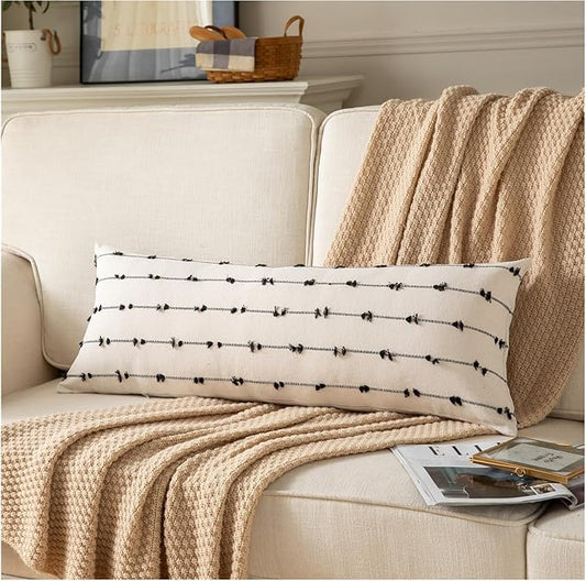 Caflife Boho Lumbar Throw Pillow Covers 14x36 inches Long, Farmhouse Decorative Body Pillow for Bed and Sofa, Living Room Home Decor Couch Black Lumbar Pillowcase, Pack of 1